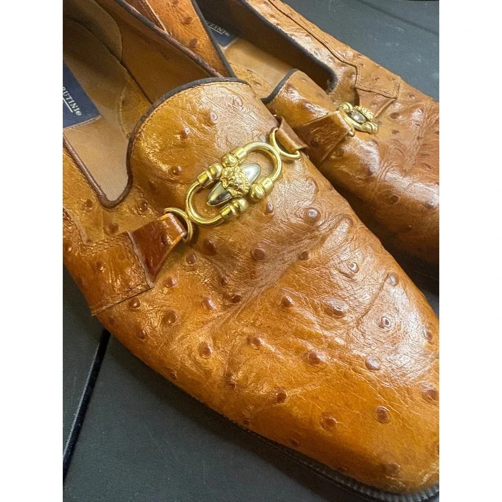 Giorgio Brutini Ostrich Leather Loafers Mens 14M Tan Gold Horsebit 806524